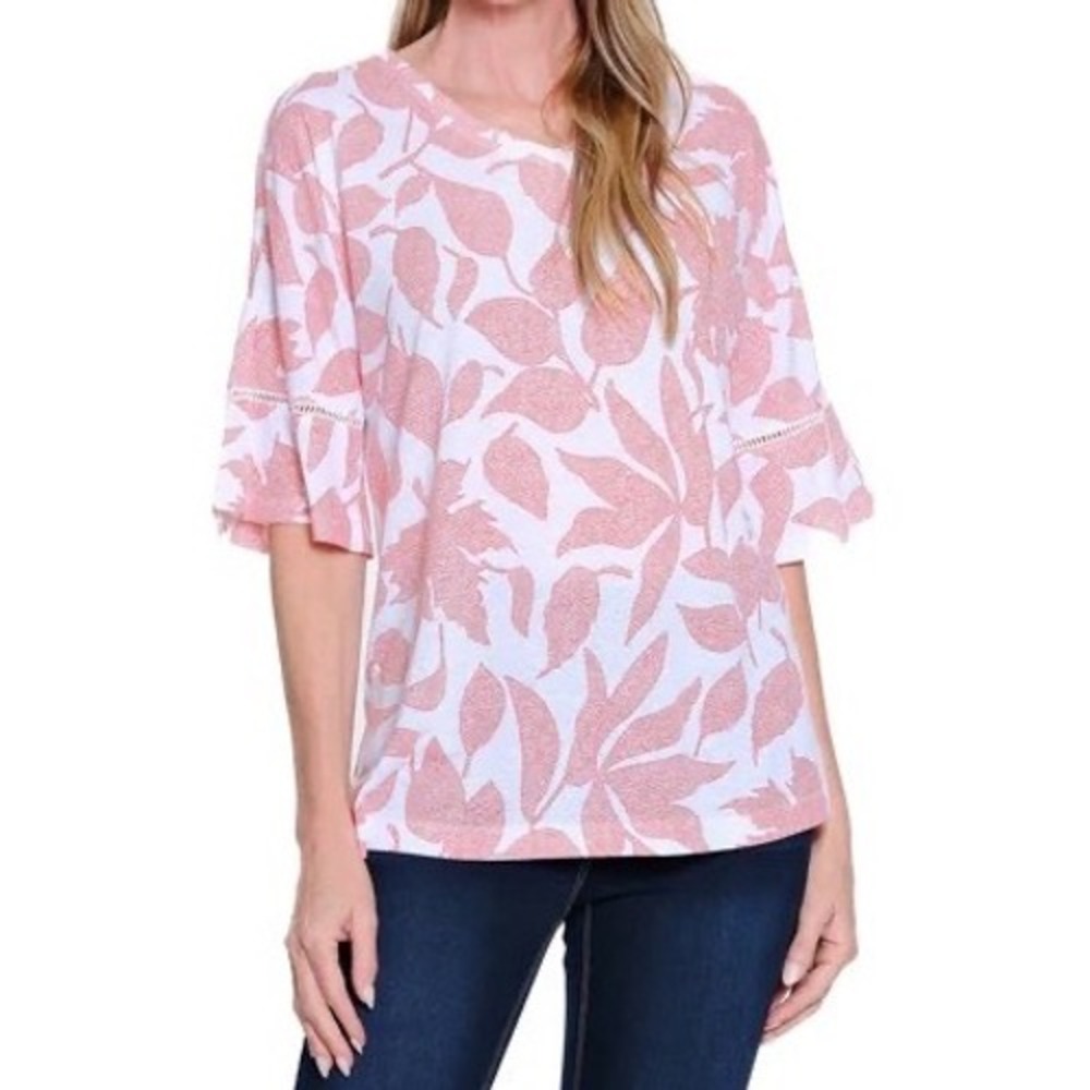 Ali Myles Linen Tunic Floral Lace Inset Sleeve White Coral Women M